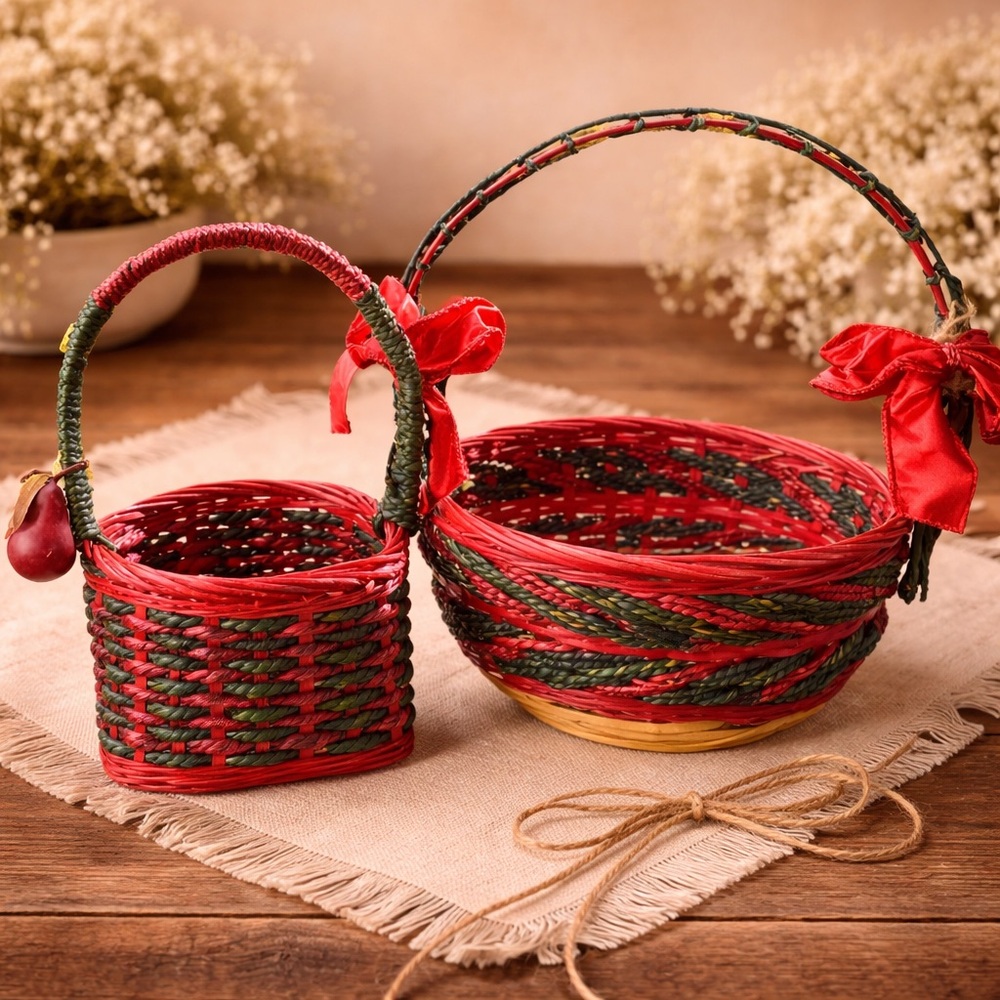 Vintage Wicker Woven Holiday Colored Red Green Baskets‎